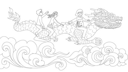 Fototapeta na wymiar Asian kids in traditional dress riding Chinese dragon holding the ball above the clouds for design element and coloring book page for kids. Vector illustration