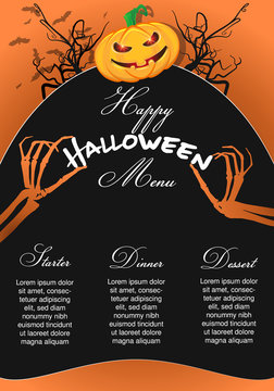 Halloween Menu Template with  pumpkin chef and skeleton hands