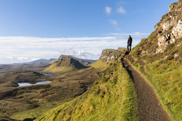 UK, Scotland, Inner Hebrides, Isle of Skye, Trotternish, hiking trail at Quiraing, Loch Cleat,...