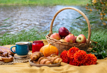 Basket with Food Bakery Autumn Picnic  Time Rest Background
