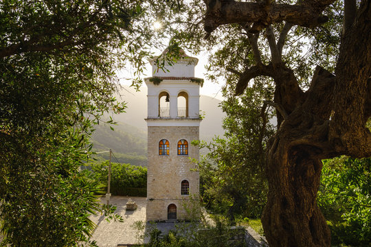 Albania, mountain village Himara, bell tower of the orthodox All Saints Church