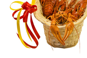 Boiled crayfish in basket. Tasty fresh boiled crawfish. Men's holiday gift.