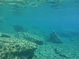 Fototapeta na wymiar Underwater life in Kolona double bay Kythnos island Cyclades Greece, Aegean sea.