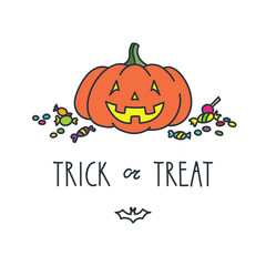 Naklejka premium Trick or treat. Illustration of funny smiling halloween pumkin with sweets isolated on white background. Vector 8 EPS.