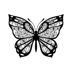 Butterfly with patterned wings. Black on white
