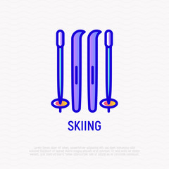 Skiing thin line icon. Modern vector illustration of winter sport equipment.