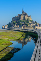 View of Mont Saint Michel, Normandy, France. Copy space for text. Vertical.