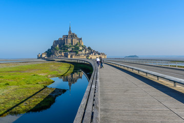 View of Mont Saint Michel, Normandy, France. Copy space for text.