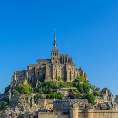 View of Mont Saint Michel, Normandy, France. Copy space for text.