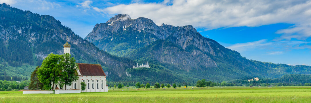 Schwangau, Germany. St. Coloman Church, near the town of Fussen, Bavaria, Germany. Copy space for text.