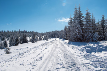 Fototapeta na wymiar Snowy mountain country road