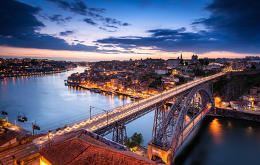 After Sunset of River Douro from Dom Luis Bridge to Arabida Porto Bridge - obrazy, fototapety, plakaty