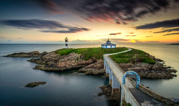An Island with a Lighthouse in Isla Pancha, Galicia Spain