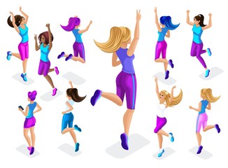 Isometric of a big girl athlete against a background of small, fitness jumping, running around, front and back view, colorful clothes and sneakers playing spo8