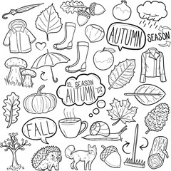Autumn Fall Season Traditional Doodle Icons Sketch Hand Made Design Vector