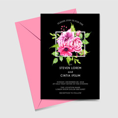 wedding invitation watercolor flower pink with background black