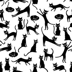 Seamless pattern with funny black cats
