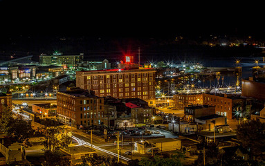 Fototapeta na wymiar Night aerial downtown historic buildings and lights