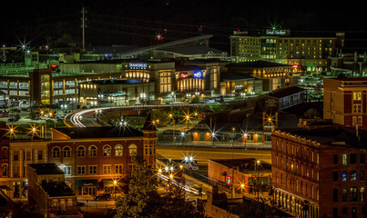 Historic nighttime aerial view downtown along Mississippi River