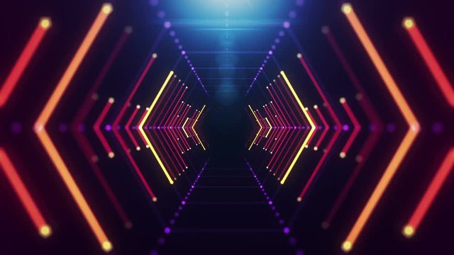 Abstract background with animation of flight in abstract futuristic tunnel with neon light. Animation of seamless loop. 