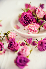 dried herbs flowers (rose) in the Marrakesh street shop, shallow dof