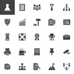 Business vector icons set, modern solid symbol collection, filled style pictogram pack. Signs, logo illustration. Set includes icons as Stamp, Abacus, Group, Hierarchical structure, Profits, Auction
