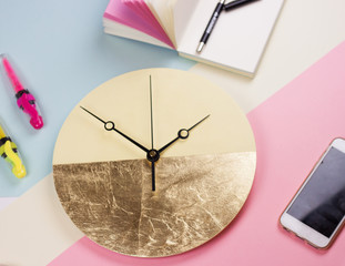 Creative summer top view with yellow wall clock. Flat lay