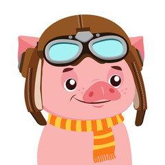 Funny Cartoon Pig Vector Character. Portrait Of Piggy With Helmet. Cute Animal. Vector Illustration Isolated On White Background. Aviator Theme.