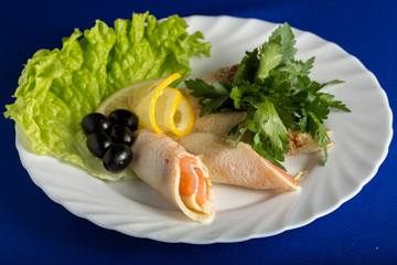 Pancakes with salted red salmon fish