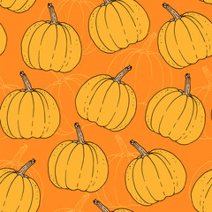 Hand drawn vector background with pumpkins, halloween seamless pattern