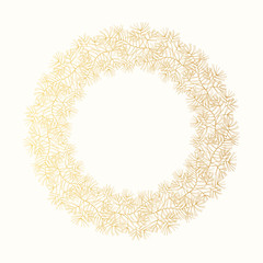 Gold winter wreath. Fir branch frame. Fancy foil frame. Vector isolated.