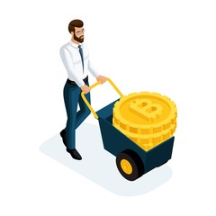 Isometric businessman carrying large gold coins Crypto Currency, Bitcoin concept of saving money. Vector illustration of a financial investor