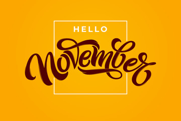 Hello November lettering with square frame on bright orange background. Modern brush calligraphy. Vector lettering for greeting card, social media banner, print design. Editable vector illustration. © VDNKL