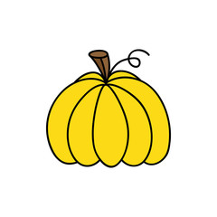 Bright yellow hand drawn cute pumpkin vector illustration. Halloween or thanksgiving, autumn colorful pumpkin, isolated.