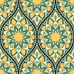 Seamless pattern with ethnic mandala ornament. Hand drawn illustration