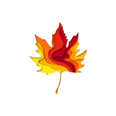 Paper cut set of autumn maple leaves shape 3D design. Template of lettering for postcard, banner, poster, placard.  Colorful vector illustration.