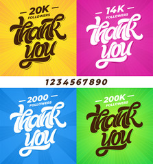 THANK YOU followers. Set of banners for social media with lettering and all digits. Modern brush calligraphy. Editable template for banner, poster, message, post. Vector illustration.