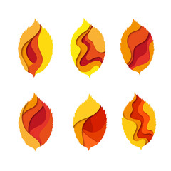 Paper cut set of autumn leaves shape 3D design. Template of lettering for postcard, banner, poster, placard.  Colorful vector illustration.