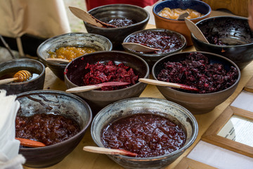 Homemade jams in clay dishes
