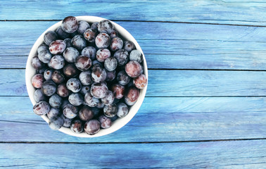 Ripe juicy plum fruits on aged blue wooden table in a summer garden. Fresh organic plums growing in countryside
