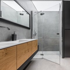 Bathroom with cabinet and shower