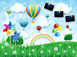 Spring landscape with hot air balloons, pinwheels and photo frames