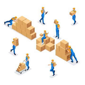 Isometric collection of workers in a warehouse of a man and a woman in uniform with cardboard boxes, work of a warehouse and delivery service