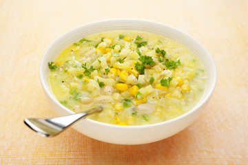 Corn Chowder Soup with Potatoes and Green Capsicum