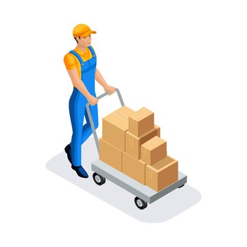 Isometric man in uniform gains goods in the warehouse for further delivery. Warehouse Concept. 3D character of emotion. Vector illustration