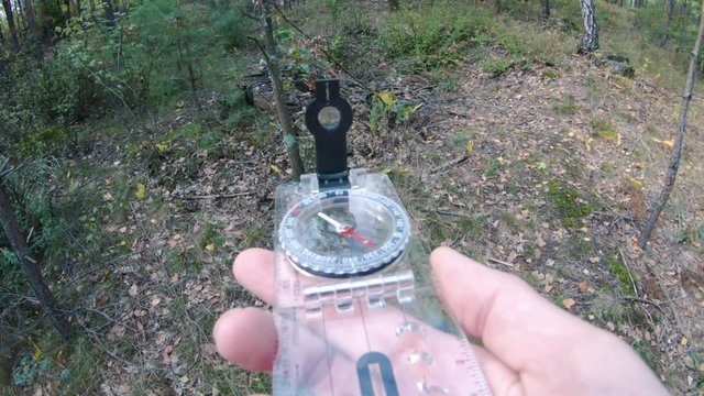 man's hand with a compass. orienteering in the forest