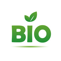 bio typography with green leaves for healthy food on white backg