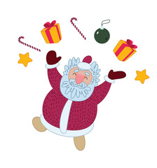 Santa Claus is happy Christmas and gives gifts. Illustration for greeting card. Vector illustration
