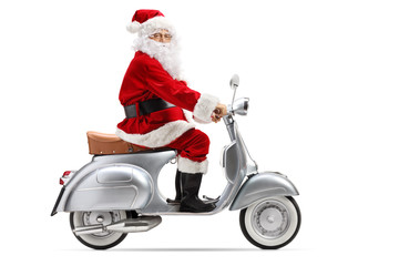 Santa Claus riding a vintage motorbike