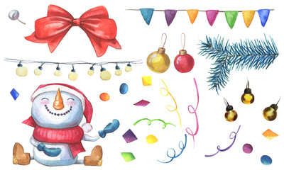 Winter watercolor set. Snowman, confetti, garland with flags, lightbulbs and other christmas objects.